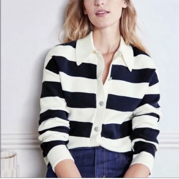 NWT Boden Jewel Button Collared Cardigan White Blue Striped Size 4 - Picture 1 of 13